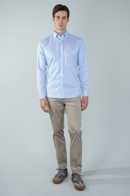 Regular Fit Uzun Kollu Mavi Pamuk Linen Erkek Gömlek - 5