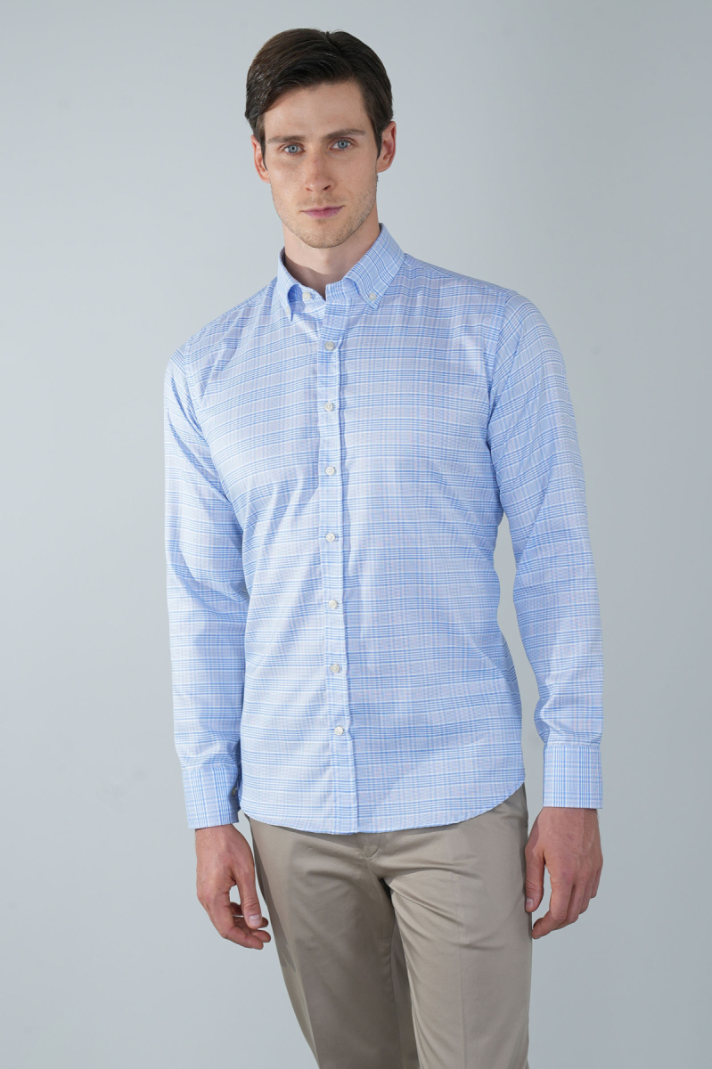 Regular Fit Uzun Kollu Mavi Pamuk Linen Erkek Gömlek - 1