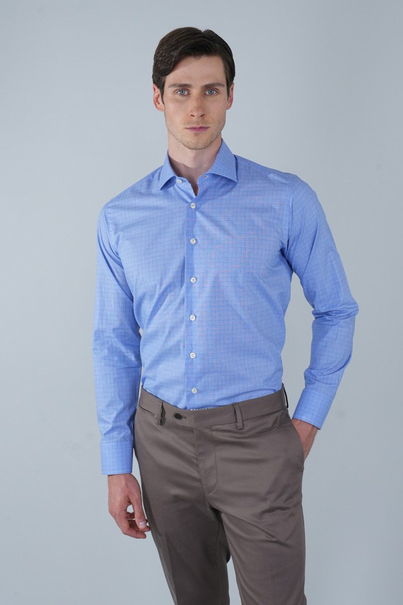 Regular Fit Uzun Kollu Pamuk Mavi Erkek Gömlek - 1