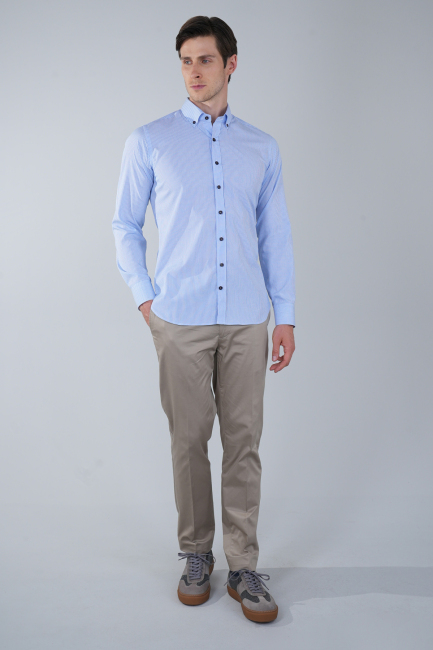 Regular Fit Uzun Kollu Paşa Yaka Cepsiz Pamuk Mavi Erkek Gömlek - 5