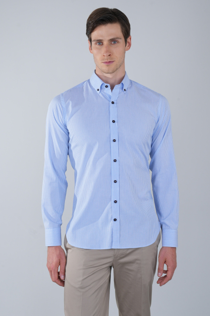 Regular Fit Uzun Kollu Paşa Yaka Cepsiz Pamuk Mavi Erkek Gömlek - 1