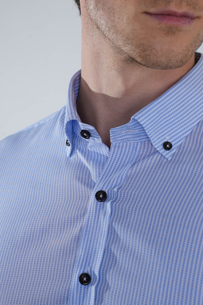 Regular Fit Uzun Kollu Paşa Yaka Cepsiz Pamuk Mavi Erkek Gömlek - 3