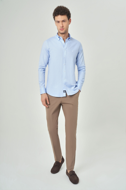 Regular Fit Uzun Kollu Paşa Yaka Kol İçi Apoletli Açık Mavi Erkek Gömlek - 5