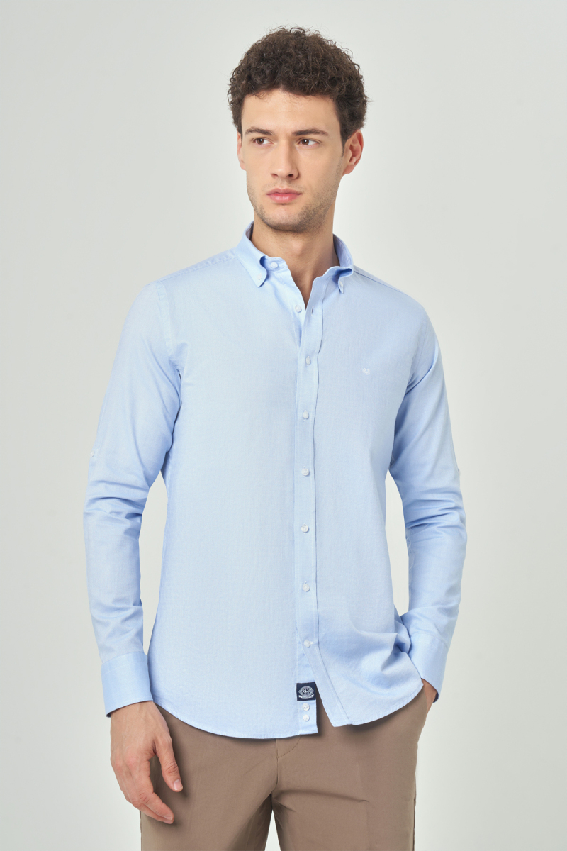 Regular Fit Uzun Kollu Paşa Yaka Kol İçi Apoletli Açık Mavi Erkek Gömlek - 1