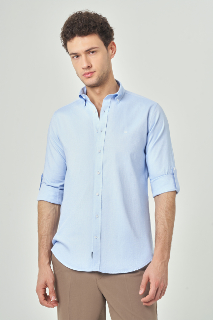 Regular Fit Uzun Kollu Paşa Yaka Kol İçi Apoletli Açık Mavi Erkek Gömlek - 4