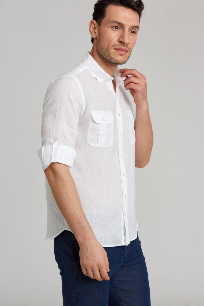 Regular Fit Uzun Kollu Paşa Yaka Kol İçi Apoletli Beyaz Spor Erkek Gömlek - 3
