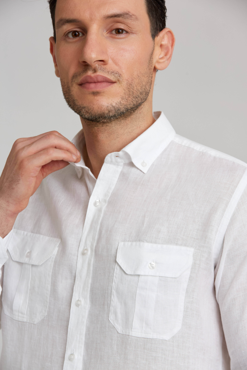 Regular Fit Uzun Kollu Paşa Yaka Kol İçi Apoletli Beyaz Spor Erkek Gömlek - 5