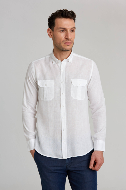 Regular Fit Long Sleeve Pasha Collar White Men's Shirt