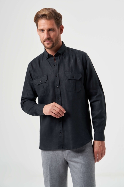 Regular Fit Uzun Kollu Siyah Keten Apoletli Erkek Gömlek - 1