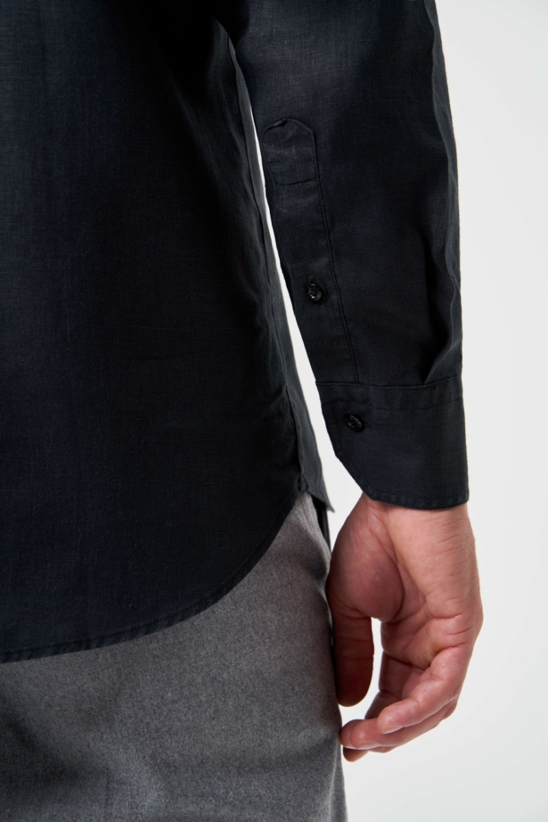 Regular Fit Uzun Kollu Siyah Keten Apoletli Erkek Gömlek - 4