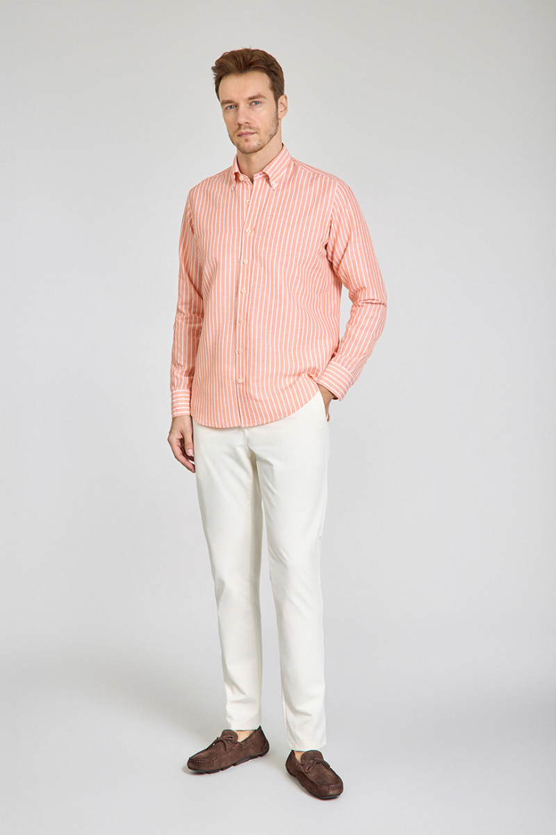 Regular Fit Uzun Kollu Turuncu Pamuk Keten Erkek Gömlek - 2