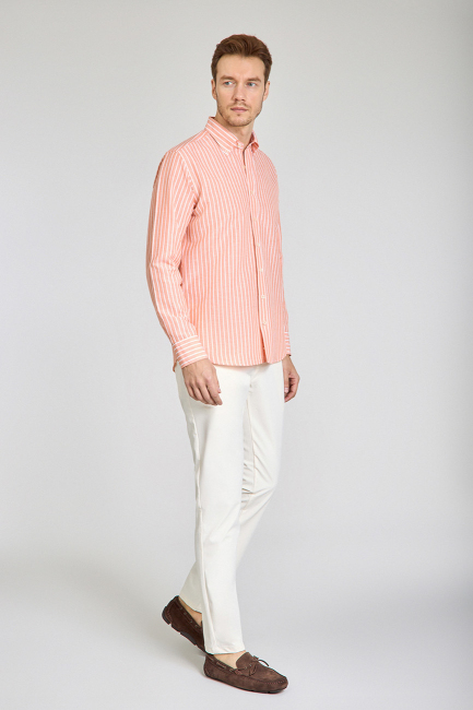 Regular Fit Uzun Kollu Turuncu Pamuk Keten Erkek Gömlek - 4