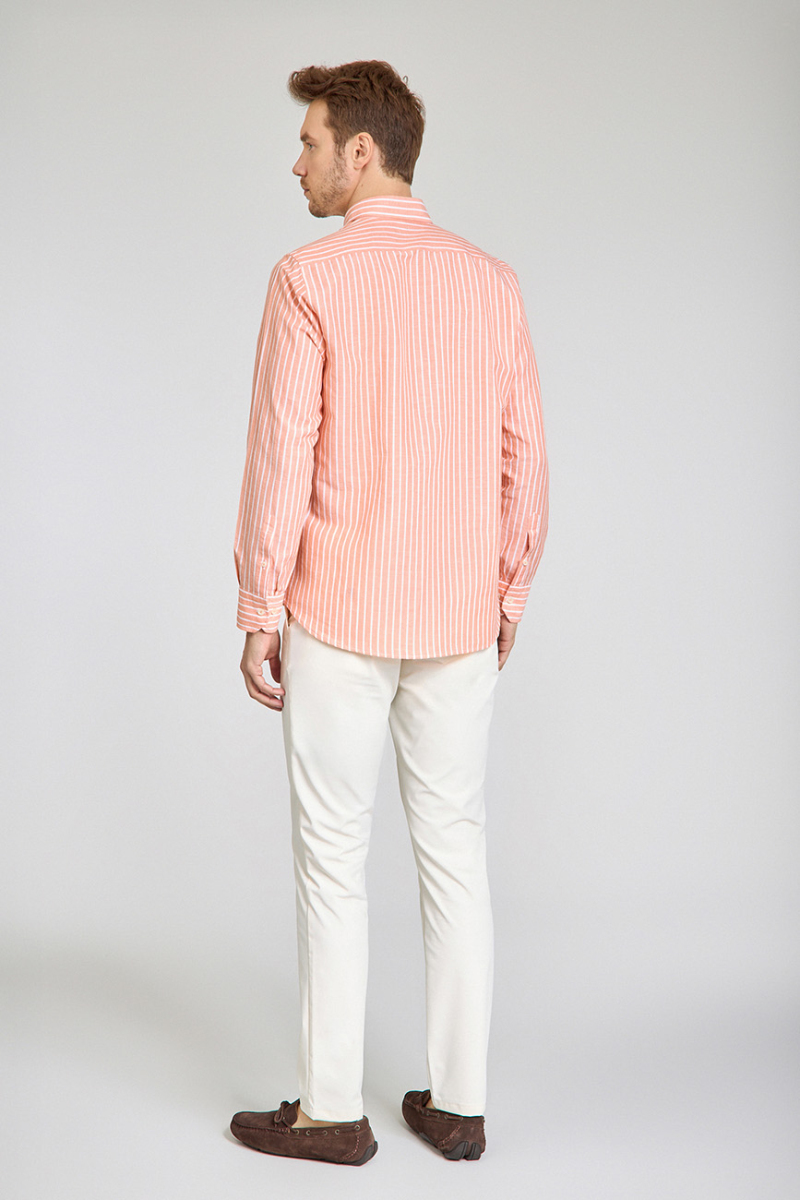 Regular Fit Uzun Kollu Turuncu Pamuk Keten Erkek Gömlek - 5