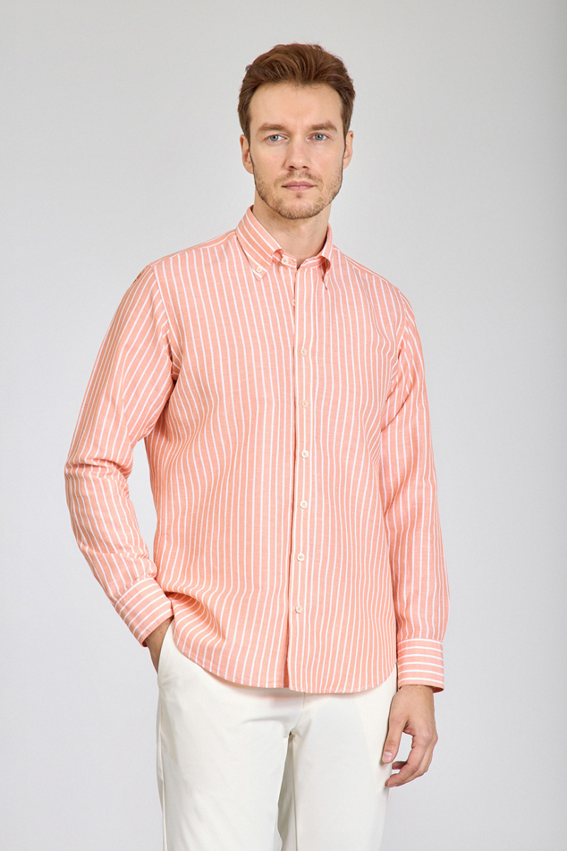 Regular Fit Uzun Kollu Turuncu Pamuk Keten Erkek Gömlek - 1