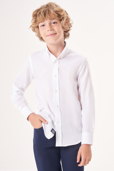 Regular Fit Yaka Düğmeli Beyaz Çocuk Erkek Gömlek 