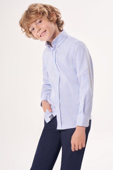Regular Fit Yaka Düğmeli Mavi Çocuk Erkek Gömlek - 3