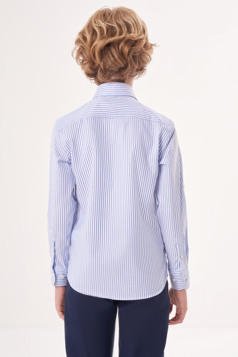 Regular Fit Yaka Düğmeli Mavi Çocuk Erkek Gömlek - 2