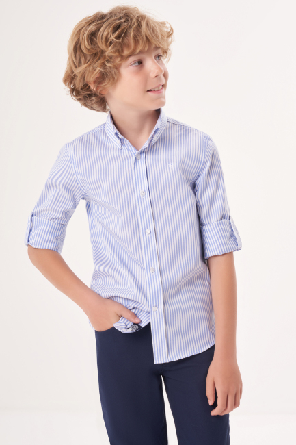 Regular Fit Yaka Düğmeli Mavi Çocuk Erkek Gömlek - 5
