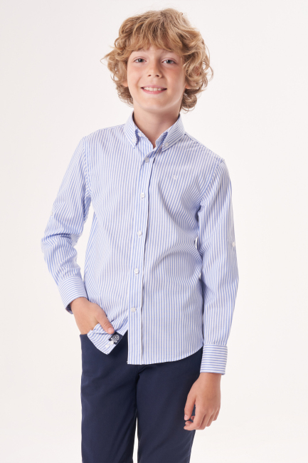 Regular Fit Yaka Düğmeli Mavi Çocuk Erkek Gömlek - 1