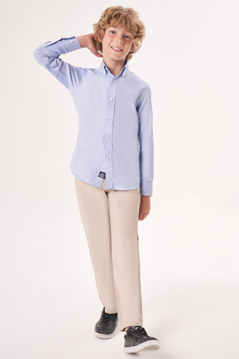 Regular Fit Yaka Düğmeli Mavi Çocuk Gömlek - 6