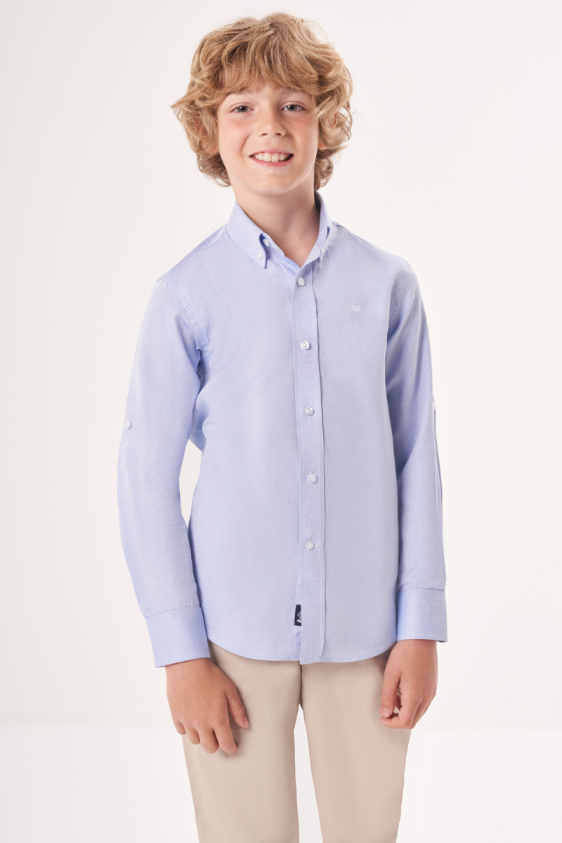 Regular Fit Yaka Düğmeli Mavi Çocuk Gömlek - 4