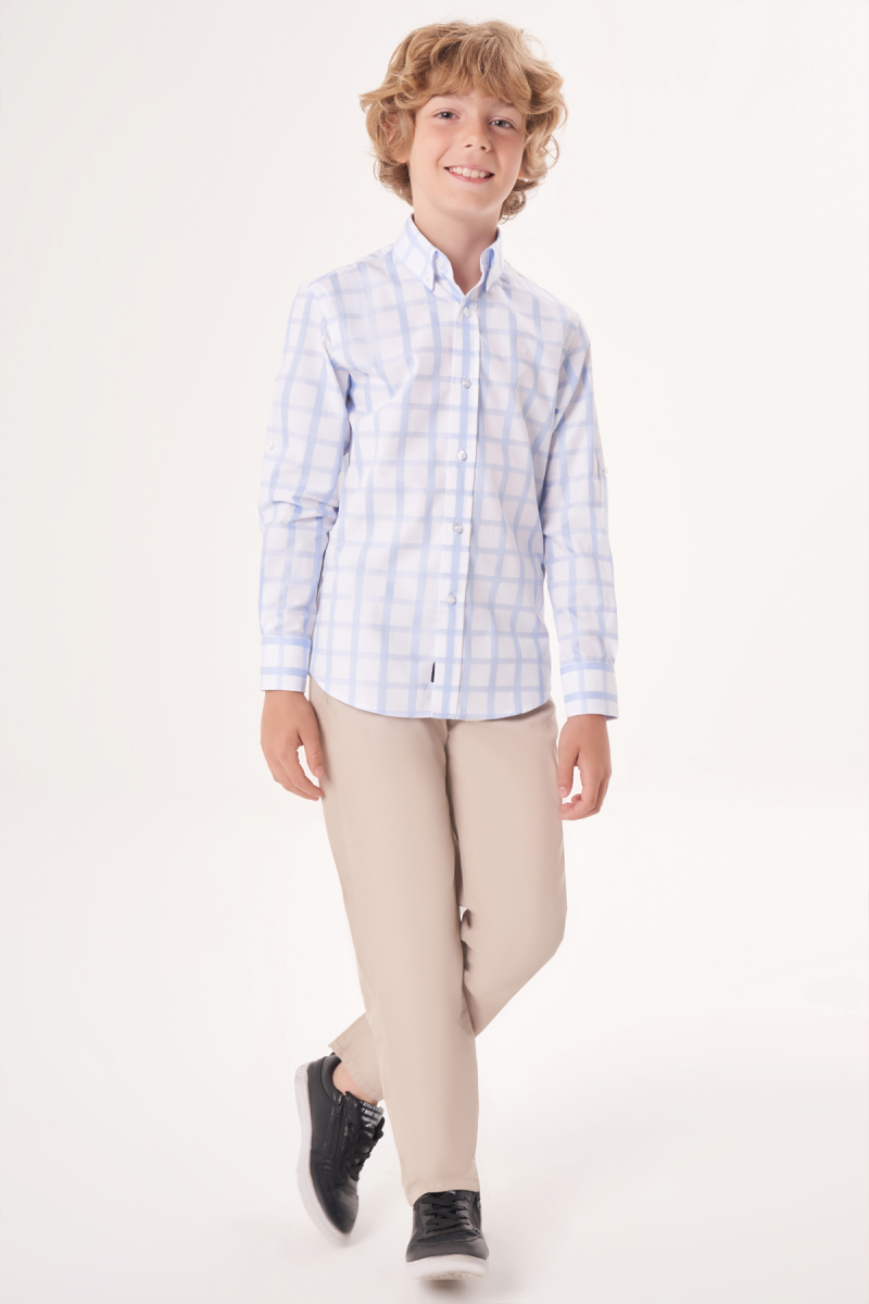 Regular Fit Yaka Düğmeli Mavi Erkek Çocuk Gömlek - 6