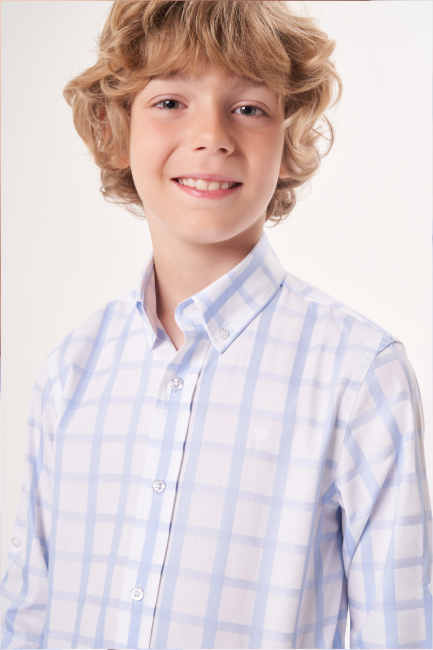 Regular Fit Yaka Düğmeli Mavi Erkek Çocuk Gömlek - 3