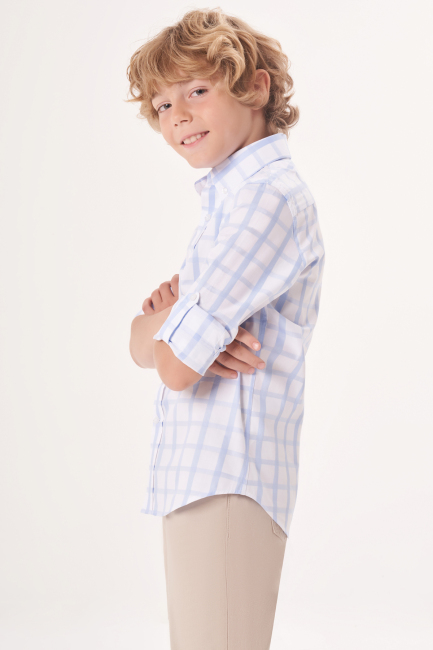Regular Fit Yaka Düğmeli Mavi Erkek Çocuk Gömlek - 4