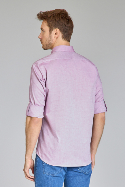 Regular Fit Yaka Düğmeli Mürdüm Pamuk Erkek Gömlek - 2