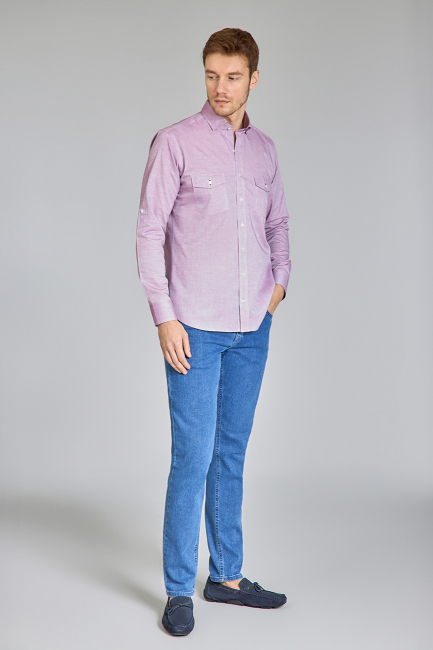 Regular Fit Yaka Düğmeli Mürdüm Pamuk Erkek Gömlek - 4