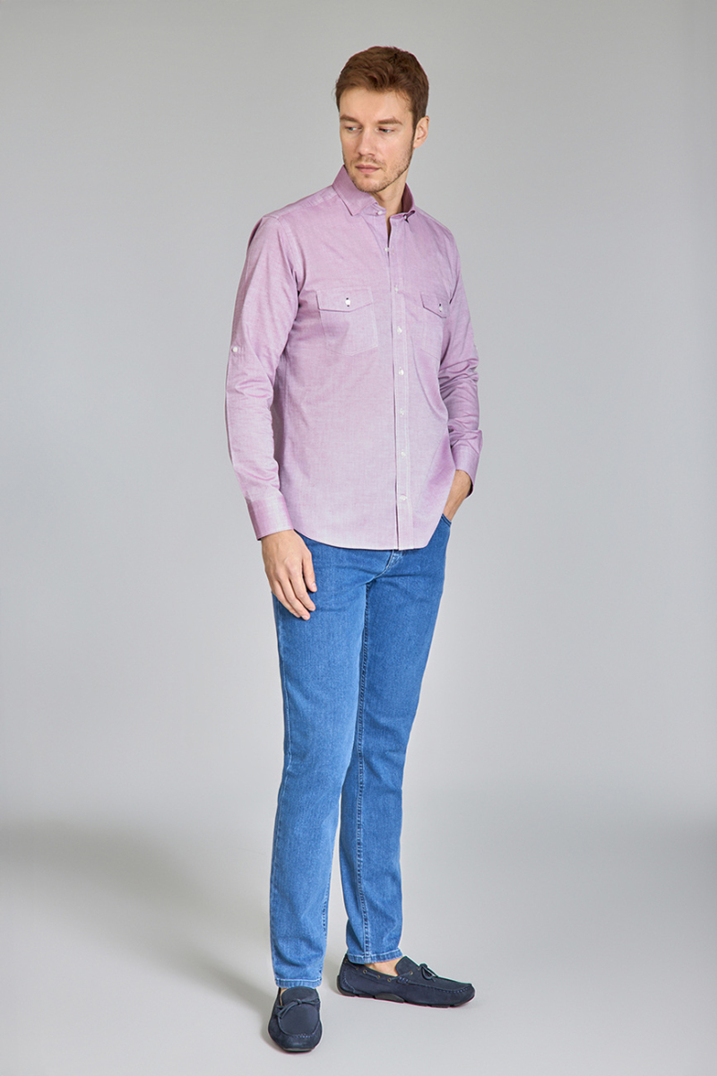 Regular Fit Yaka Düğmeli Mürdüm Pamuk Erkek Gömlek - 4