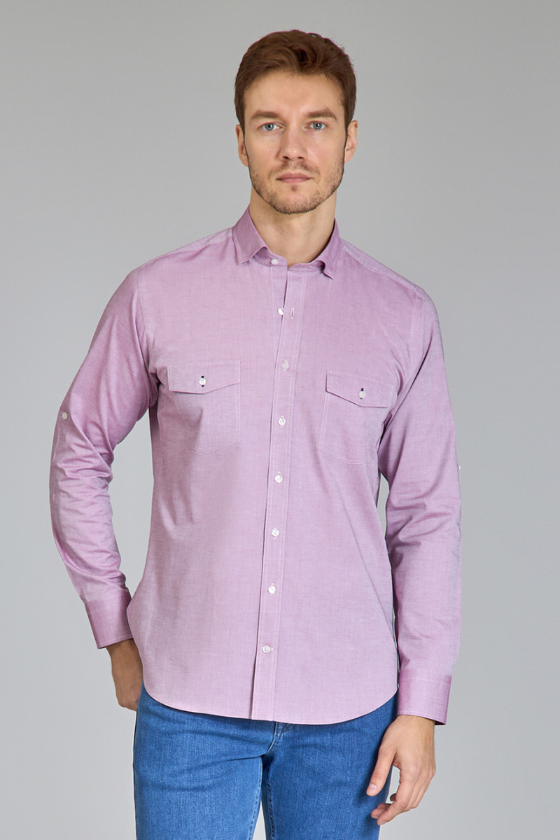 Regular Fit Yaka Düğmeli Mürdüm Pamuk Erkek Gömlek - 1