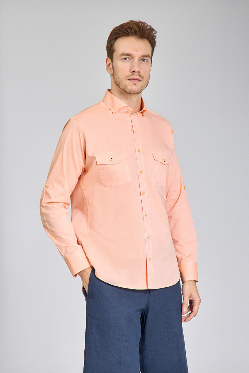 Regular Fit Yaka Düğmeli Oranj Pamuk Erkek Gömlek - 5