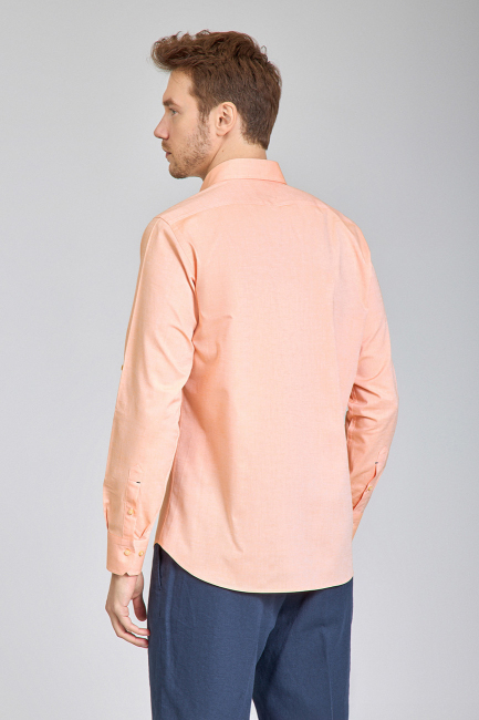 Regular Fit Yaka Düğmeli Oranj Pamuk Erkek Gömlek - 6