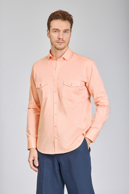 Regular Fit Yaka Düğmeli Oranj Pamuk Erkek Gömlek - 1
