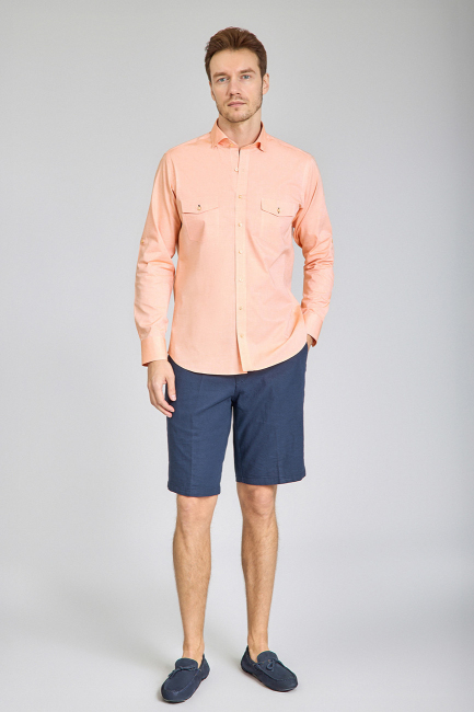 Regular Fit Yaka Düğmeli Oranj Pamuk Erkek Gömlek - 2