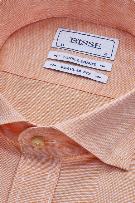 Regular Fit Yaka Düğmeli Oranj Pamuk Erkek Gömlek - 4