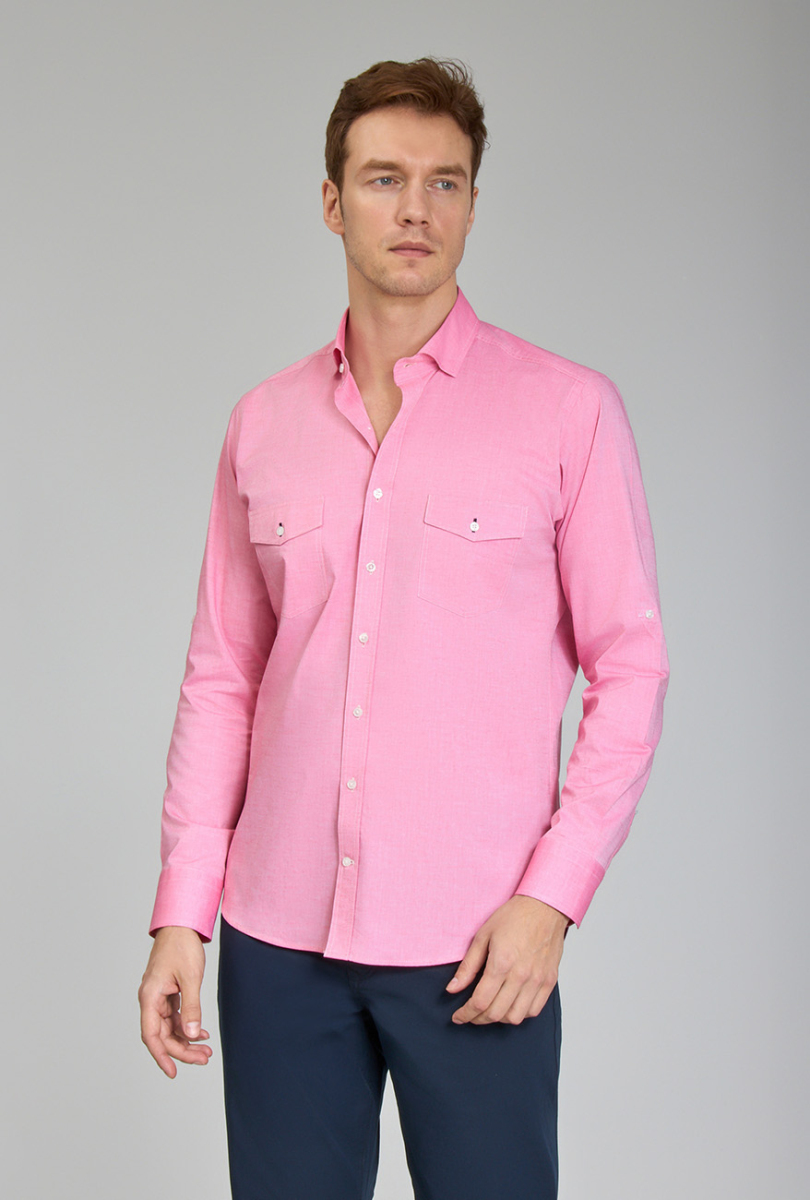 Regular Fit Yaka Düğmeli Pembe Pamuk Erkek Gömlek - 5