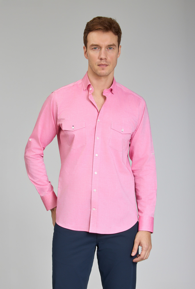 Regular Fit Yaka Düğmeli Pembe Pamuk Erkek Gömlek - 1