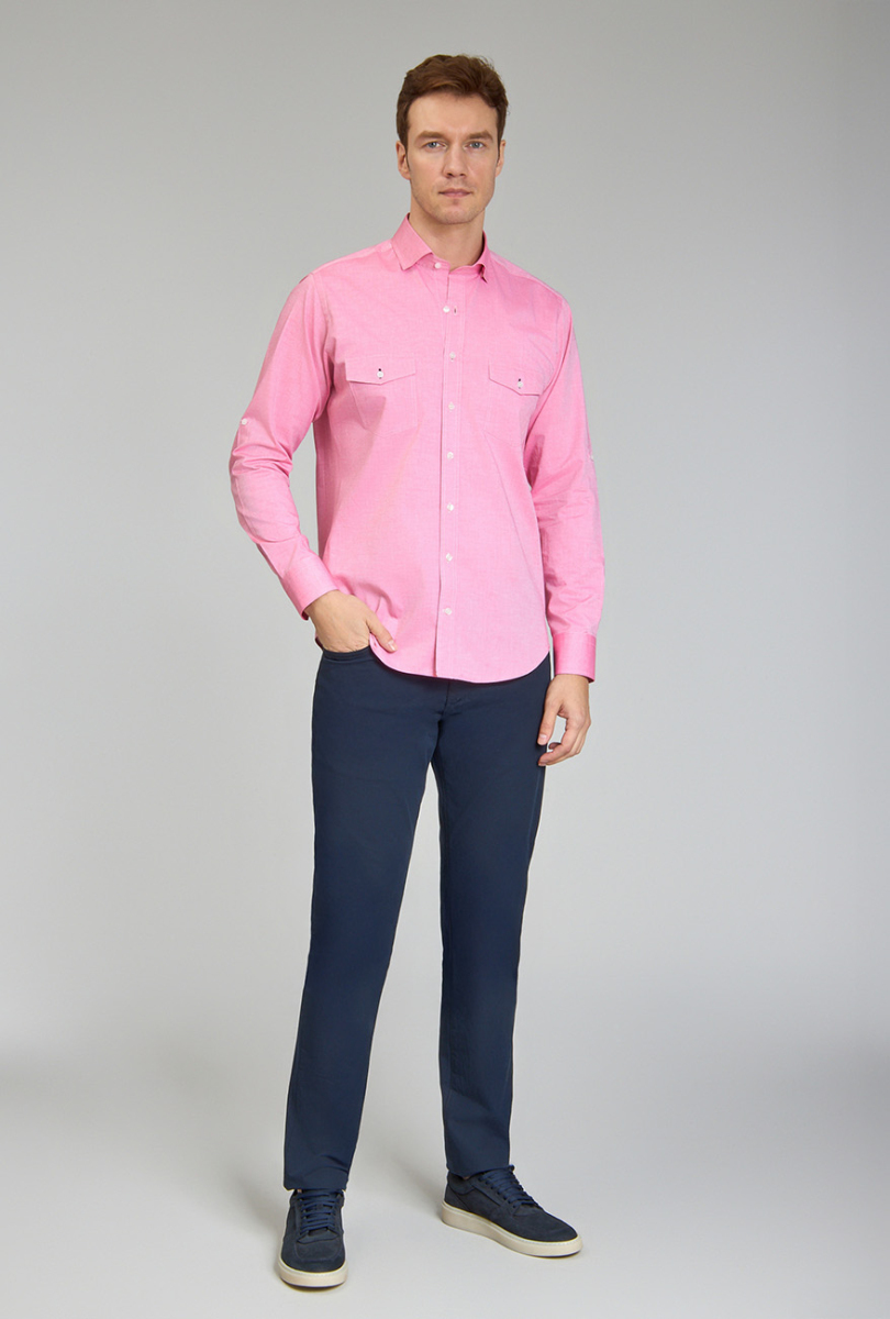 Regular Fit Yaka Düğmeli Pembe Pamuk Erkek Gömlek - 2