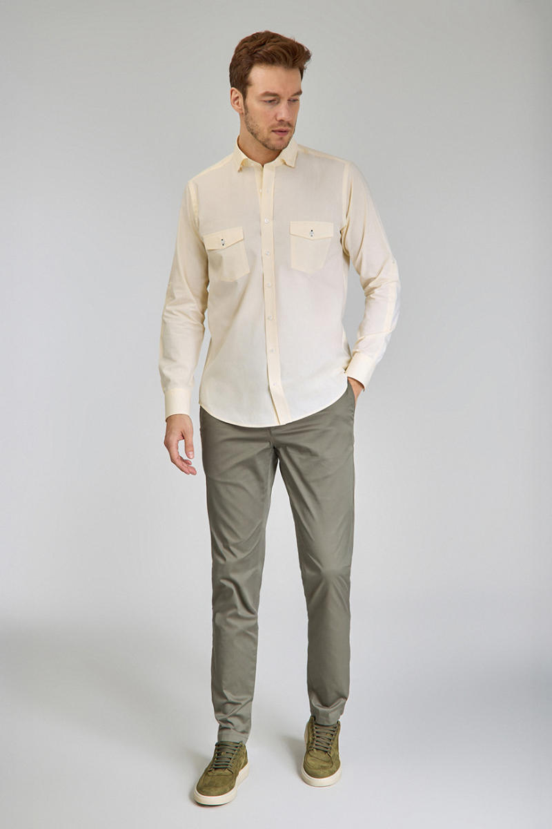 Regular Fit Yaka Düğmeli Sarı Pamuk Erkek Gömlek - 2