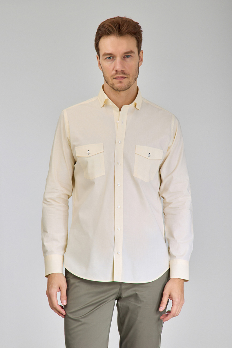 Regular Fit Yaka Düğmeli Sarı Pamuk Erkek Gömlek - 1