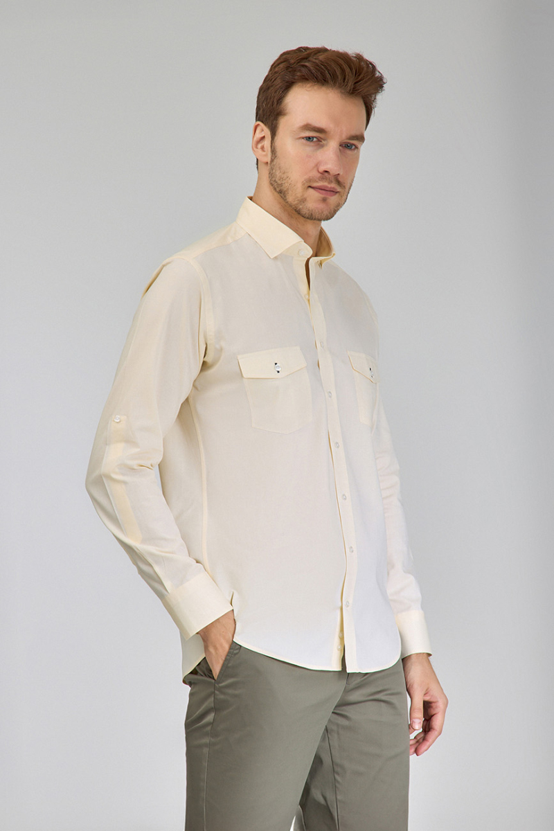 Regular Fit Yaka Düğmeli Sarı Pamuk Erkek Gömlek - 5