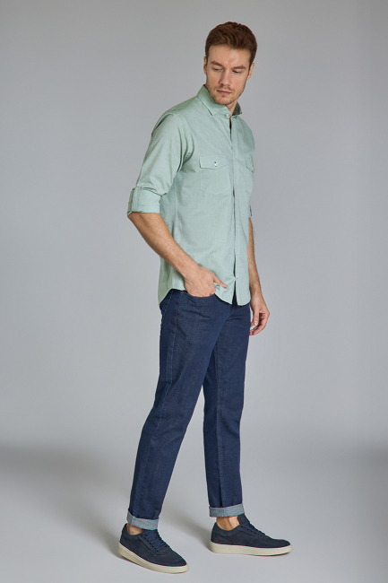 Regular Fit Yaka Düğmeli Yeşil Pamuk Erkek Gömlek - 5