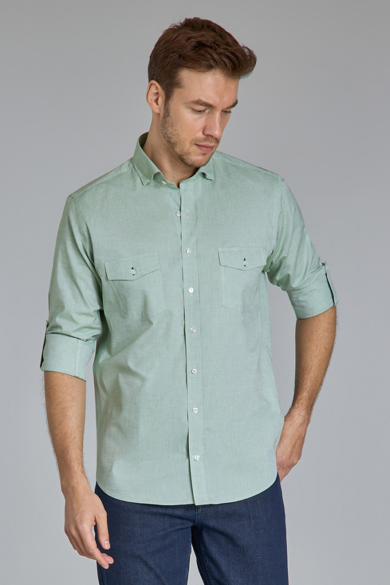 Regular Fit Yaka Düğmeli Yeşil Pamuk Erkek Gömlek - 6