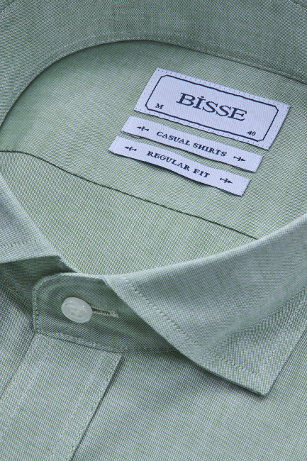 Regular Fit Yaka Düğmeli Yeşil Pamuk Erkek Gömlek - 4