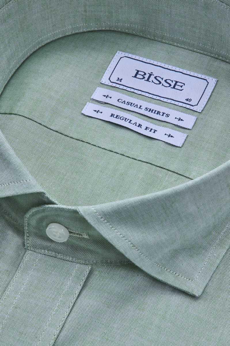 Regular Fit Yaka Düğmeli Yeşil Pamuk Erkek Gömlek - 4
