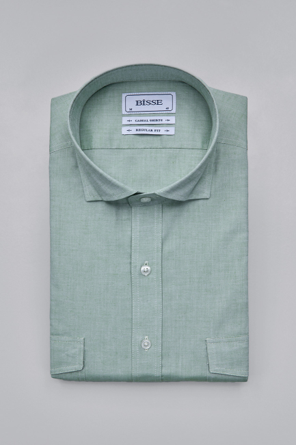 Regular Fit Yaka Düğmeli Yeşil Pamuk Erkek Gömlek - 3