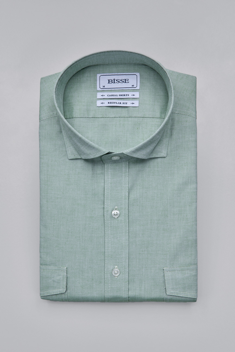 Regular Fit Yaka Düğmeli Yeşil Pamuk Erkek Gömlek - 3