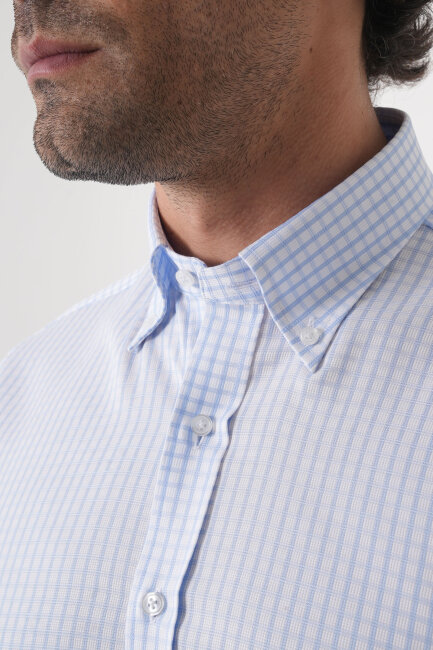 Regular Fit Yaka Pamuk Mavi Erkek Gömlek - 5
